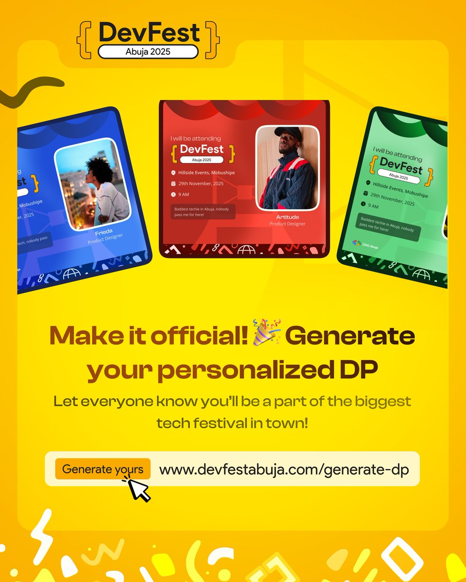 gdgabuja's tweet image. Make it official! 🚀
Let everyone know you’ll be part of the biggest tech festival in town.

Generate your personalized DP now! 👇
🔗 devfestabuja.com/generate-dp

Rep your color and tag us!
#DevFestAbuja #DevFestAbuja2025