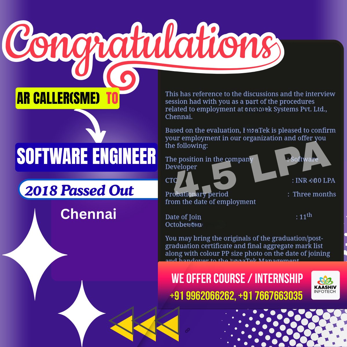 kaashivinfotech's tweet image. From AR Caller (SME) to Software Engineer – 2023 Graduate!
A reminder that the right skills, dedication, and guidance can completely transform your career.
Proud moment—new beginnings start NOW! 🚀💻✨

#kaashivinfotech #placements #jobplacement #successjourney #softwareengineer