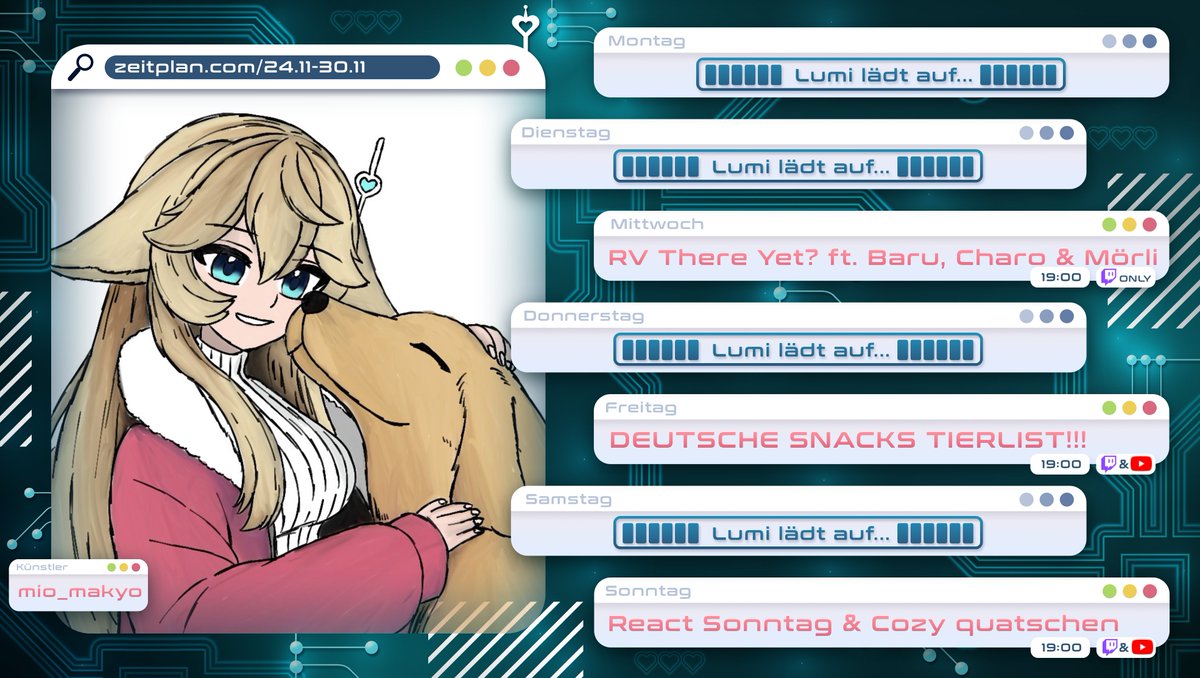 lumizap's tweet image. Streamplan 24.11-30.11! 

❤️MI➜ RV There Yet? ft. @Captain_Baru, @Charonya_ &amp;amp; @MoerliArt
💙FR ➜ DEUTSCHE SNACK TIERLIST!
❤️SO➜ Reacten und quatschen ☺️
  
🎨: @mio_makyo #lumizapart