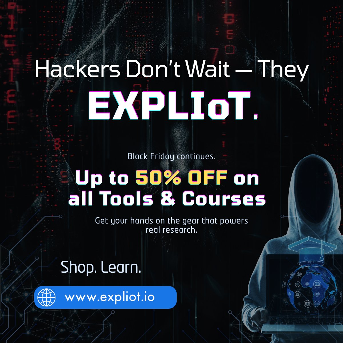 expliot_io's tweet image. Stocked up yet?

EXPLIoT Black Friday is live with up to 50% OFF tools &amp;amp; courses for security pros who’d rather be in the lab than in slide decks.

Store: store.expliot.io
Academy: academy.expliot.io

#EXPLIoT #BlackFriday #CyberSecurity #HardwareHacking #IoT