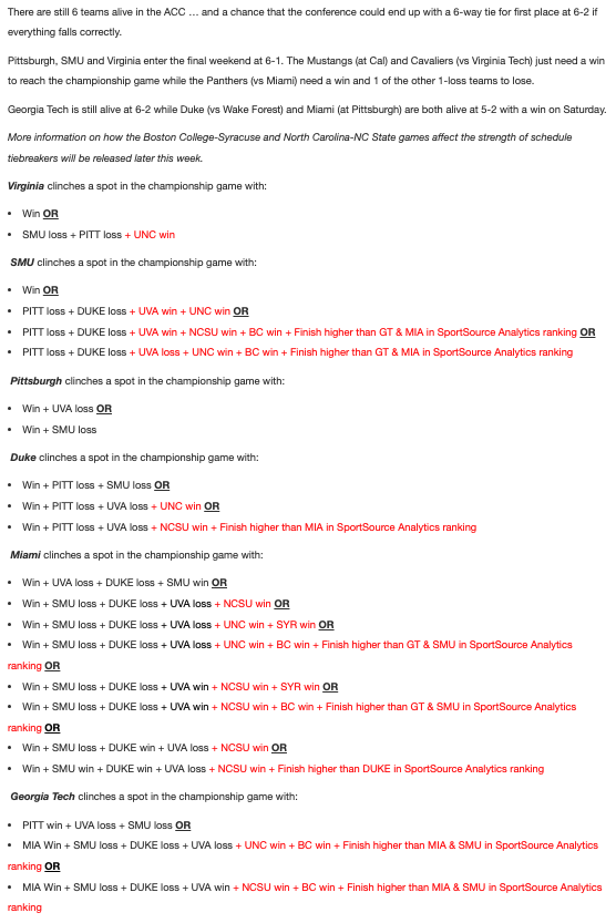 Chaos Scenario in the ACC...

There could be a potential six-way tie for first place in the ACC at 6-2 … where Duke would end up as the No. 1 seed despite having a 7-5 overall record this season.

Here are ALL the scenarios for Week 14, courtesy the inimitable Jeremy Mills.