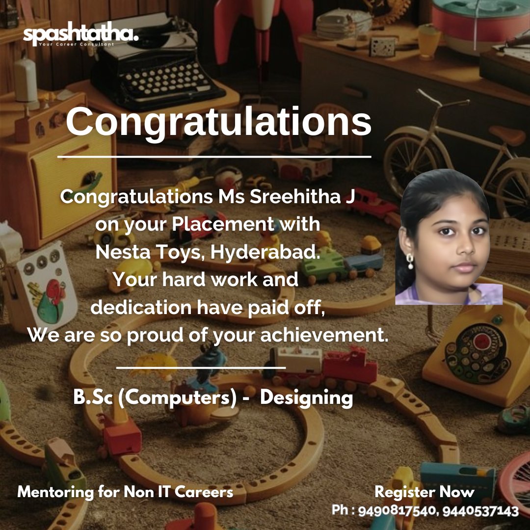 Spashtatha's tweet image. మనకి నచ్చిన రంగంలో అభిరుచిని పిచ్చిగా మార్చుకుంటే చాలు..సాధారణ డిగ్రీతో కూడా అసాధారణ విజయాలు సాధించొచ్చని నిరూపించిన మా #స్పష్టత విద్యార్థినికి శ్రీహిత గారికి హార్దిక శుభాకాంక్షలు.
#Congratulations ma.
🔥👏💐
#Toys
#Spashtatha
#SpashtathaReview