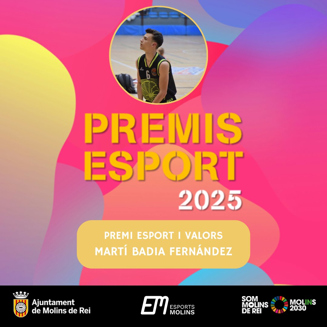 Premi Esport i Valors:
Martí Badia Fernández, per ser un exemple immens de superació, compromís i estima pel club.

Us esperem aquest divendres, 28 de novembre, a les 20.30 h, celebrarem al Teatre de La Peni els PREMIS ESPORT 2025.

<a href="/AjMolinsdeRei/">Ajuntament de Molins de Rei</a> 
<a href="/basquetmolins/">Club Bàsquet Molins</a>