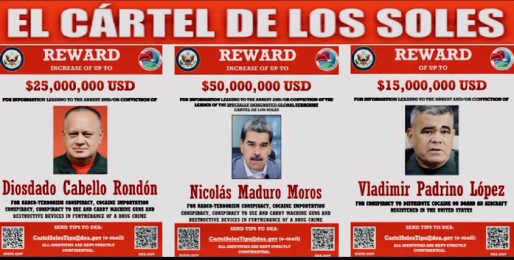 El Cartel de los Soles dirigido por el Narcotraficante Nicolás Maduro es declarado oficialmente una organización Narco-Terrorista por los EEUU.