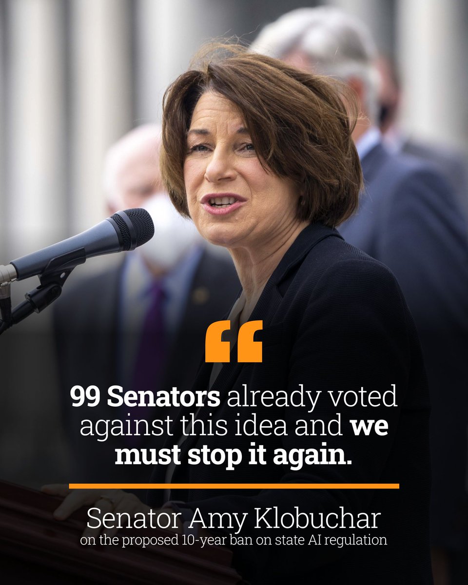 Senator Amy Klobuchar says the 10-year ban on state AI laws must be stopped.