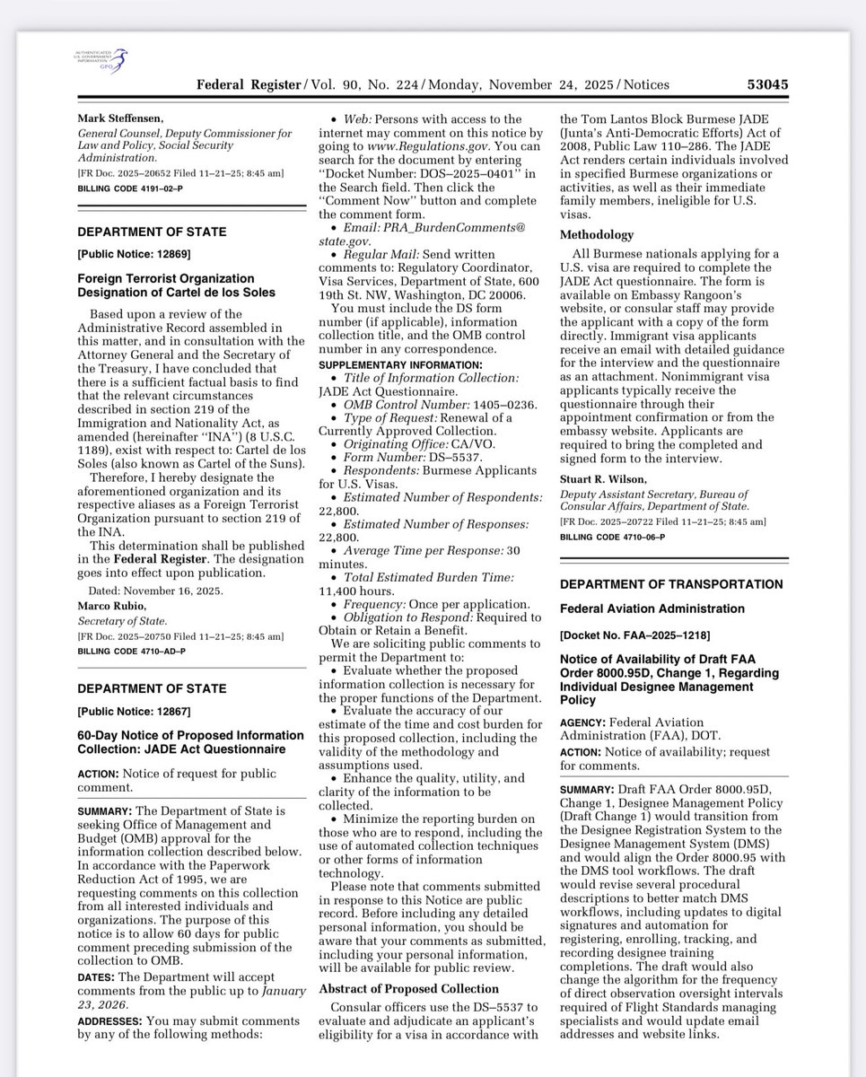 Para que lo entendamos mejor, la designación del Cártel de los Soles como organización terrorista extranjera implica: que EE.UU. puede llevar a cabo operaciones encubiertas, presentar cargos por terrorismo y narcotráfico, emitir órdenes de arresto internacional, congelar activos