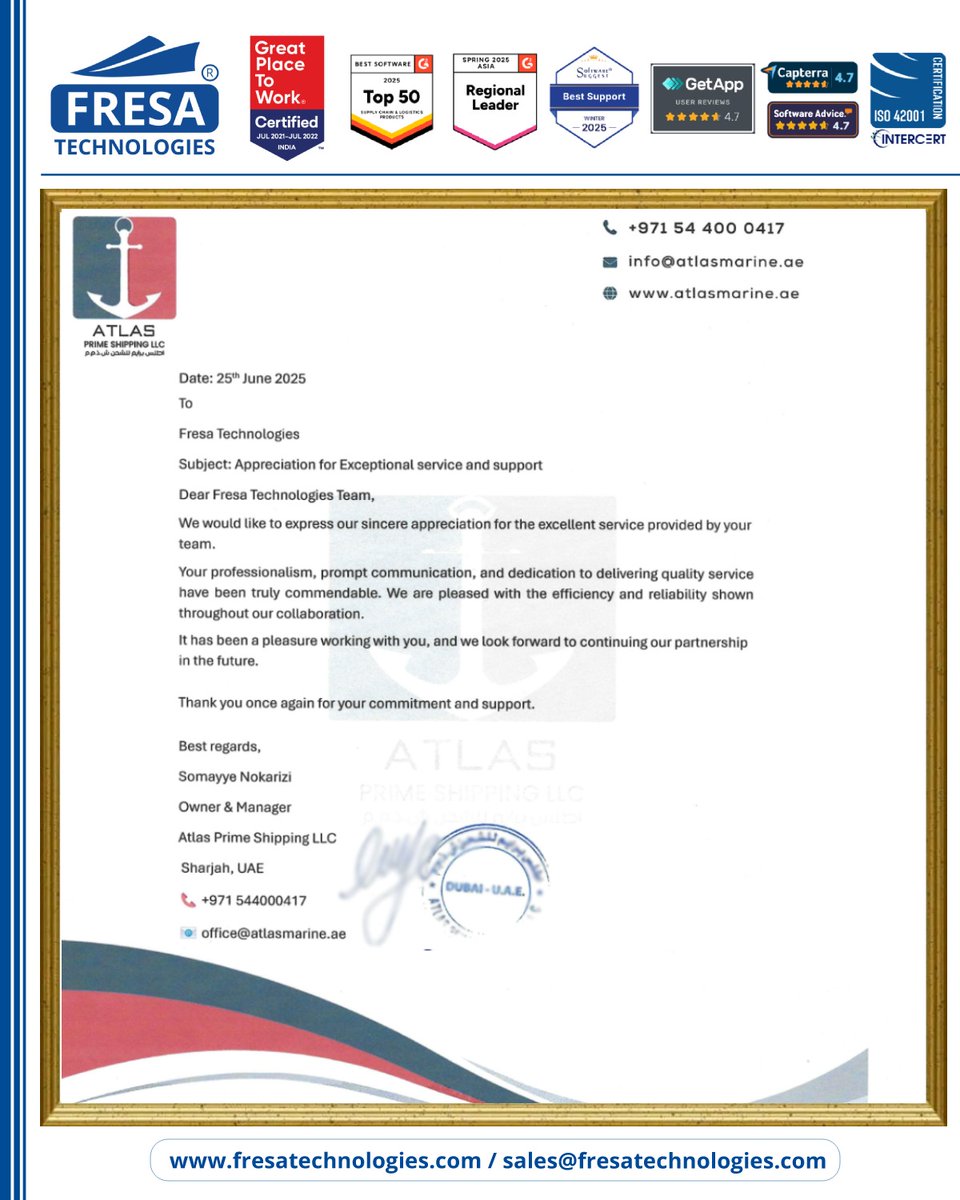 fresatechnology's tweet image. ✨We are deeply grateful to ATLAS PRIME SHIPPING LLC  for their kind appreciation letter.

For more queries please visit below link 👇fresatechnologies.com/clients-feedba…

#FresaTechnologies #FreightSolutions #FreightForwarding #LogisticsSoftware  #ClientAppreciation #atlasprimeshipping