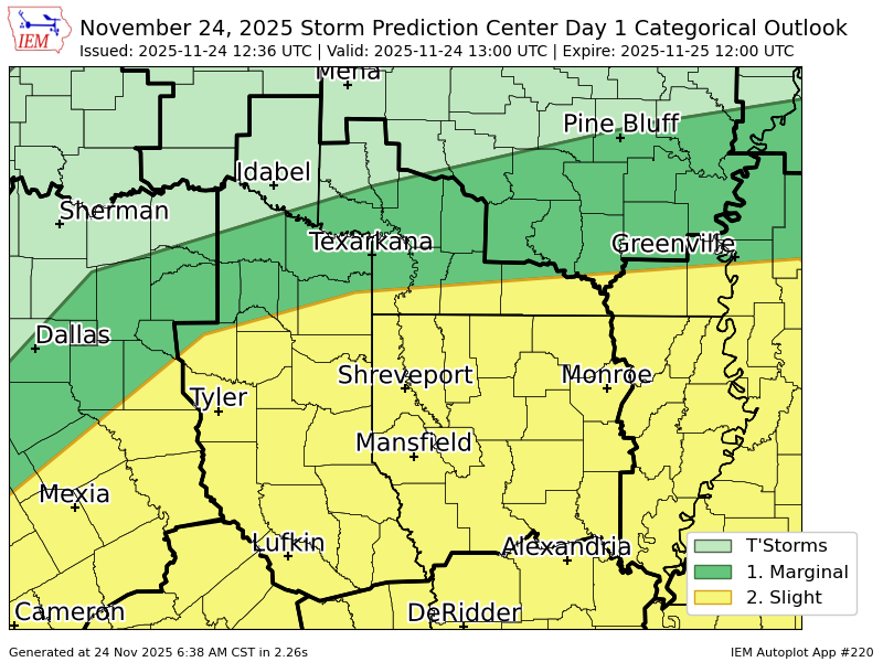 MichaelSearcy's tweet image. #SPC issues Day 1 Slight Convective Risk at Nov 24, 12:36z for SHV spc.noaa.gov/products/outlo…