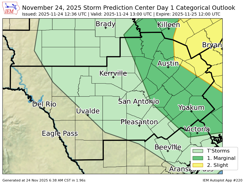 EWXBot's tweet image. #SPC issues Day 1 Slight Convective Risk at Nov 24, 12:36z for EWX spc.noaa.gov/products/outlo…