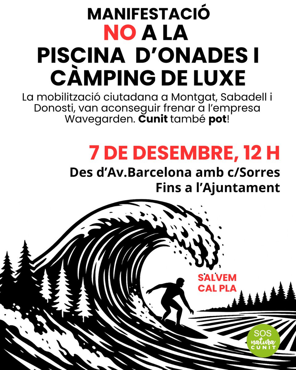 El proper diumenge,  manifestació a Cunit per mostrar rebuig al projecte de la piscina d'onades a Cal Pla!
Solidaritzem-nos amb <a href="/sosnaturacunit/">SOS Natura Cunit</a> per defensar els darrers espais naturals del nostre litoral!