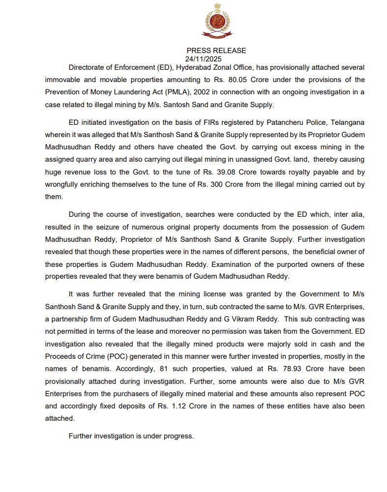 TheNaveena's tweet image. Rs.39 crore loss to Govt &amp;amp; Rs.300 crore pocketed through illegal mining: ED on Gudem brothers case

Case is about Santosh Sand &amp;amp; Granite Supply run by Gudem Madhusudhan Reddy brother of Patancheru MLA Gudem Mahipal Reddy. He won on BRS ticket and joined Congress after ED raids…