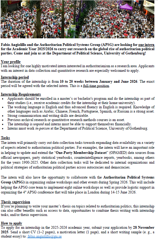 Are you a bachelor or MA student interested in authoritarian politics? Fabio Angiolillo is recruiting an intern to work on authoritarian political parties and with the APSG team in-person at the University of Gothenburg. Email your application by Nov 28 to fabio.angiolillo@gu.se