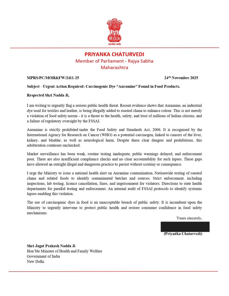 priyankac19's tweet image. I have written to the Health Minister as well as Food Processing Minister regarding the extremely distressing  evidence based report that shows that Auramine, an industrial dye used for textiles and leather, is being illegally added to roasted chana besides other food products to…
