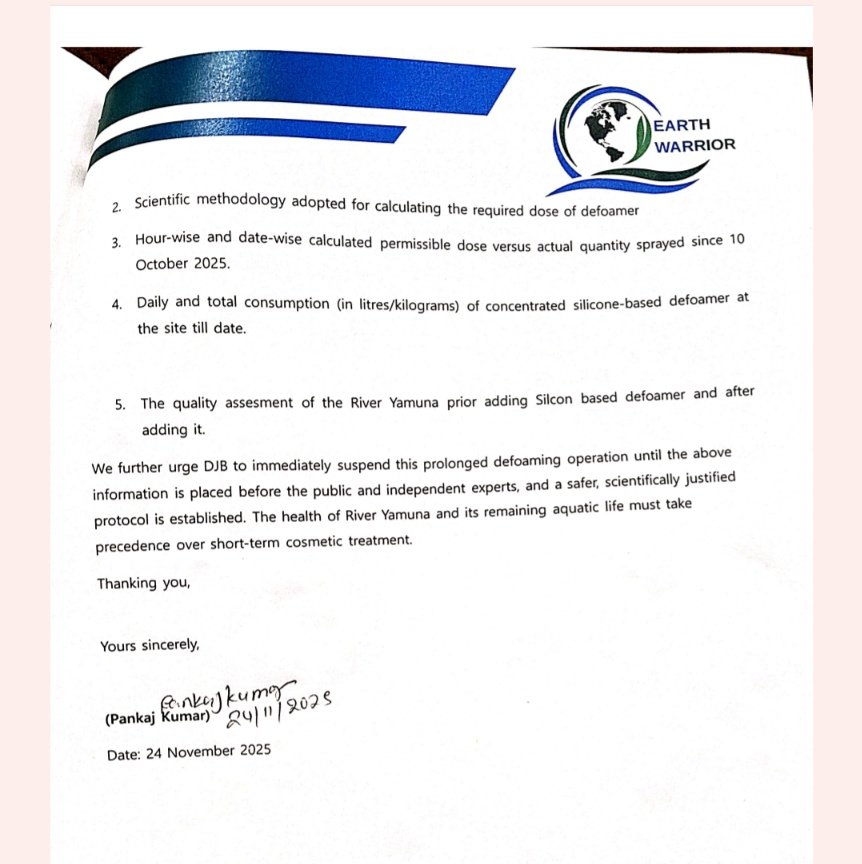 We Team Earth Warrior Wrote a letter to LG, Delhi,  CM Delhi, Water Minister and CEO Jal board expressing serious concerns on river ecosystem and effect on aquativ life by excessive use of silicon based Defoamer.