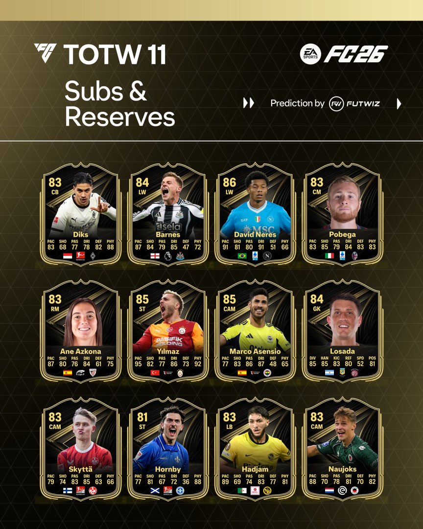FUTWIZ's tweet photo. TOTW 11 Predictions are here! 👀

Eze with a hatrick in the NLD 

Olise helping Bayern complete the 0-2 comeback

Murillo helping Forest beat Liverpool 3-0 

Did we miss anyone? 🤔 https://t.co/17KKJ430Yd