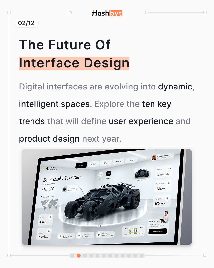 hashbyt's tweet image. The future of interface design is dynamic and intelligent.
 These trends define how digital products will evolve next year.
 #ProductDesign #SaaSDesign
