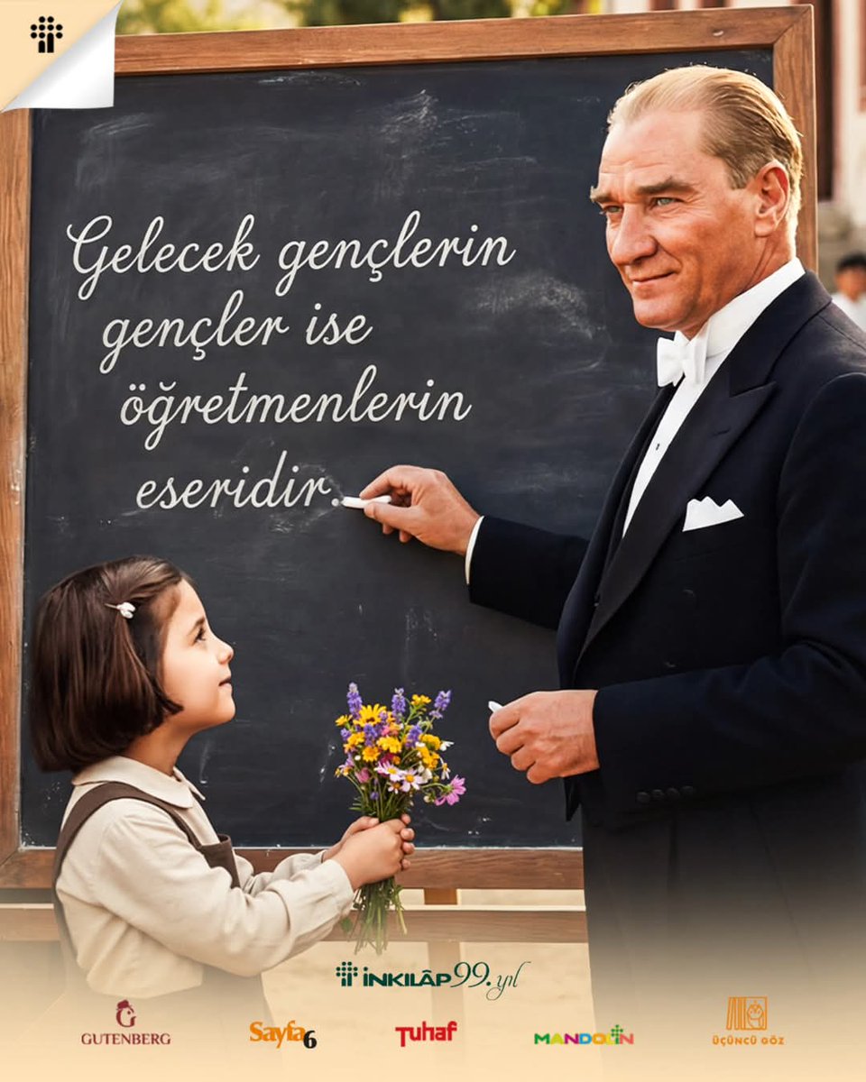 “Gelecek gençlerin gençler ise öğretmenlerin eseridir.”

Başöğretmen Mustafa Kemal Atatürk'ün izinde, ışığıyla yolumuzu aydınlatan tüm öğretmenlerimizin Öğretmenler Günü kutlu olsun.