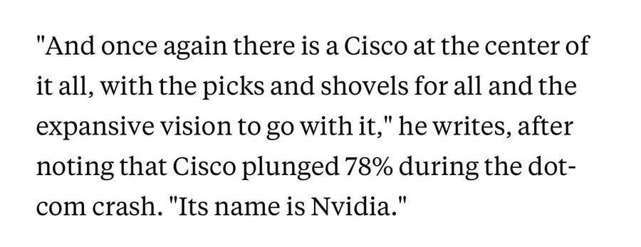 Michael Burry launched his new $379 per year Substack “Cassandra Unchained” after winding down Scion Asset Management earlier this month. In his first post, he argues that $NVDA could ultimately face a fate similar to $CSCO during the dot-com era.

Someone needs to tell him that