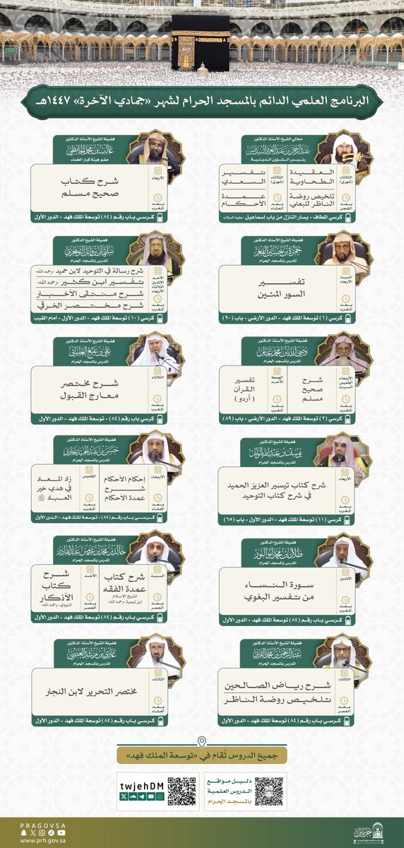 جدول البرنامج العلمي الدائم بـ #المسجد_الحرام لشهر  جمادى الآخرة 1447هـ .
