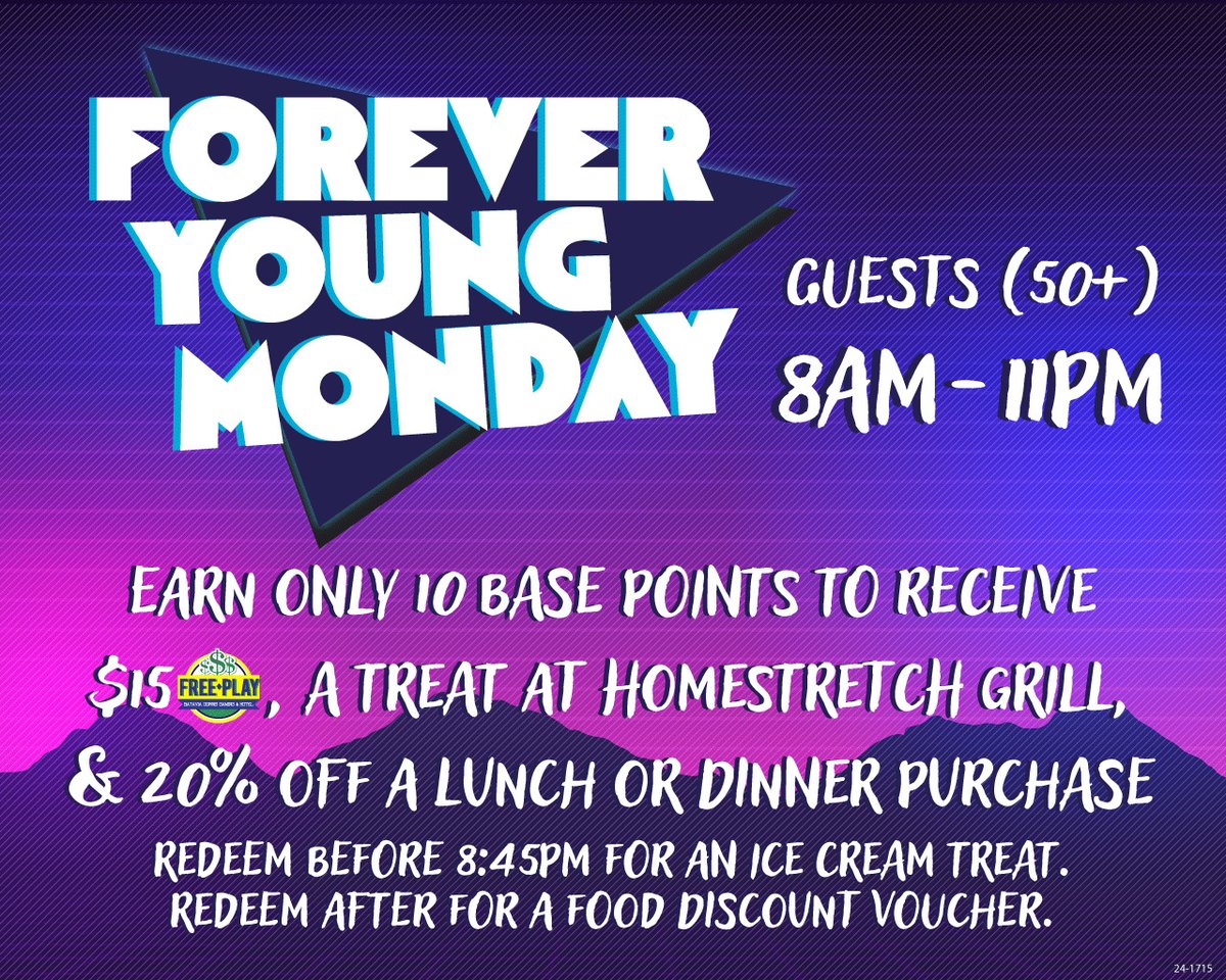It's Forever Young Monday! 💟✨ Guests 50+ can earn 10 base points to receive $15 free play, a treat at Homestretch Grill, &amp; 20% off a lunch or dinner purchase!

Redeem before 8:45 pm for an ice cream treat and after for the food discount.

Official Rules: bit.ly/2TRogu9