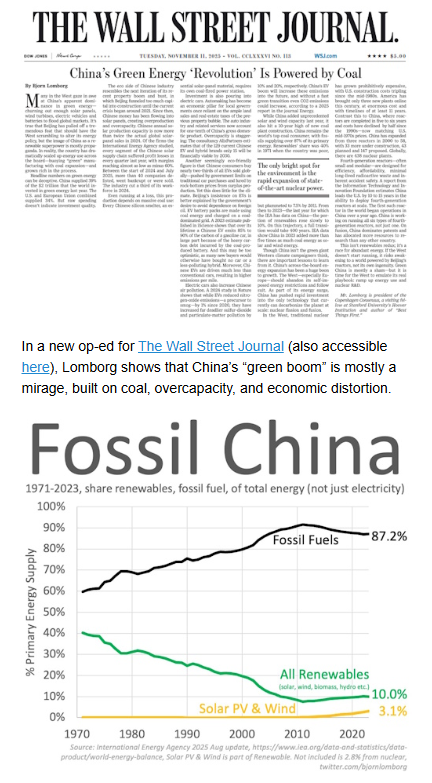 BjornLomborg's tweet image. China’s green energy ‘revolution’ is powered by coal

Western commentators are praising China as the world’s green-energy leader, pointing to its solar panels, wind turbines, and electric vehicles as proof of an inevitable clean transition. But this view is dangerously misguided.…