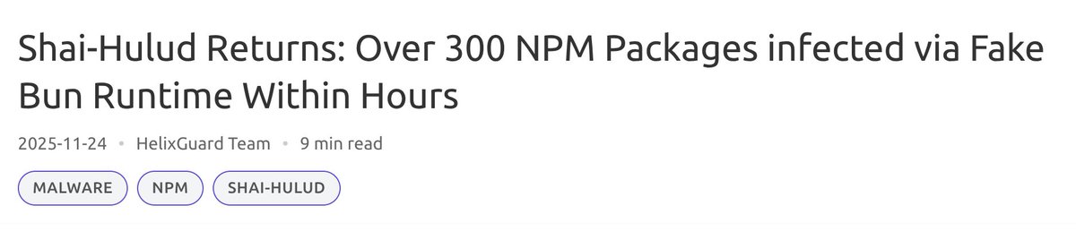 programmer_ke's tweet image. Shai-Hulud is back. NPM packages infected again

helixguard.ai/blog/malicious…