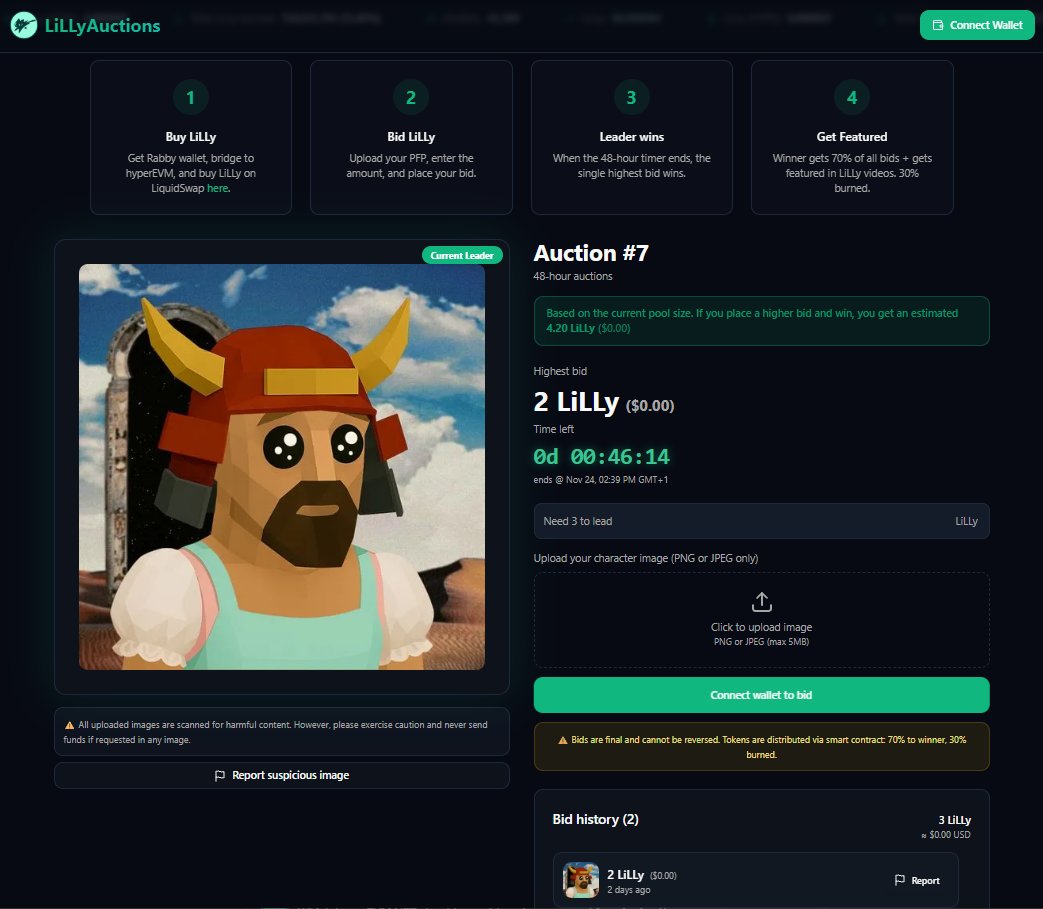 45 minutes left until LiLLyAuction #7 ends.

We plan to add hyperEVM NFTs back into the reward pool for the next rounds.

Is your favourite collection down badly?

Tell them to comment below. We will floor some of them if they reshare and engage with their Auction round.