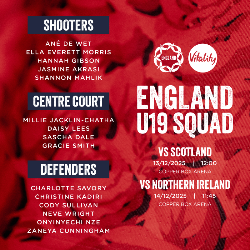 EnglandNetball's tweet photo. Two curtain raisers at the @Vitality_UK Netball Horizon Series 🏐

🆚 An England U19 side will face @ScotThistles and @netballni this December.

Meet the squad selected and get your tickets for the @CopperBoxArena ⬇️