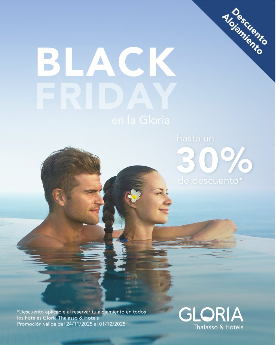 BLACK FRIDAY en la Gloria
El momento que estabas esperando para vivir tus próximas vacaciones al mejor precio. 

Disfruta de descuentos exclusivos en alojamiento en todos los hoteles Gloria Thalasso &amp; Hotels.

Promoción válida del 24/11 al 01/12/2025
