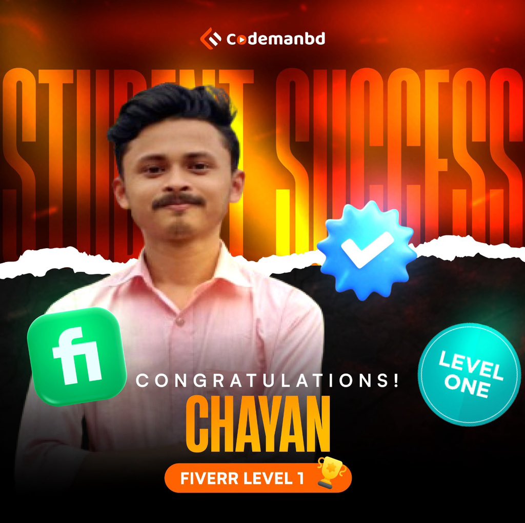 codemanbd's tweet image. শুভকামনা Chayan ফাইভার মার্কেটপ্লেসে লেভেল ১ ব্যাজ অর্জনের জন্য ❤️
#codemanbd | #StudentSuccess