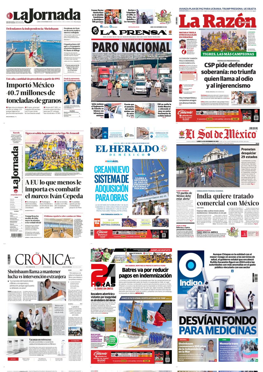 castroclemente's tweet image. Las #PrimerasPlanas 
#Portadas 
- Agro y transporte toman carreteras 
  • Regresan vallas al Zócalo 
- Amazonas vecen a Las Águilas 

Hay #monos con &quot;corona&quot;

EsTT: #Bloqueo Villacampa Tigres Pemex #LaGranjaVIP #MañaneraDelPueblo

#EnPortada
#TromposyPirinolas 
#FelizLunes