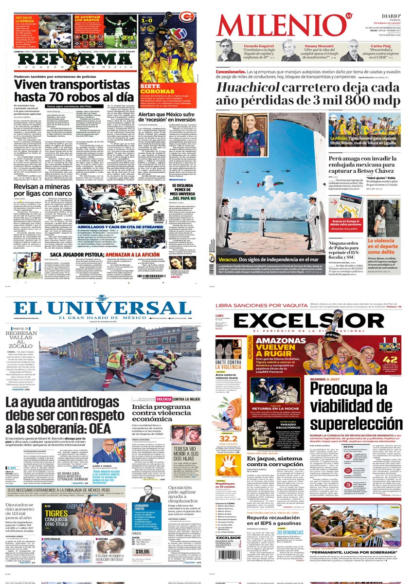 castroclemente's tweet image. Las #PrimerasPlanas 
#Portadas 
- Agro y transporte toman carreteras 
  • Regresan vallas al Zócalo 
- Amazonas vecen a Las Águilas 

Hay #monos con &quot;corona&quot;

EsTT: #Bloqueo Villacampa Tigres Pemex #LaGranjaVIP #MañaneraDelPueblo

#EnPortada
#TromposyPirinolas 
#FelizLunes