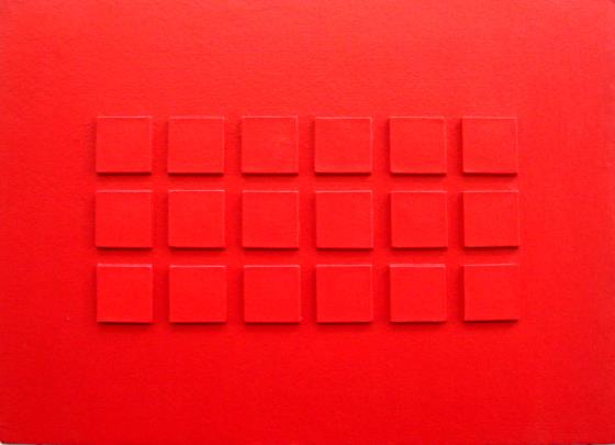 Born in Sassari in 1947, he exhibited for the first time in 1966 in Paris, subsequently exhibiting in Italy and around the world with 139 solo exhibitions and over 200 international group exhibitions.
FRANCO SANNA, 
Eighteen red squares
acrylics on cardboard 25x35 cm
year 1967