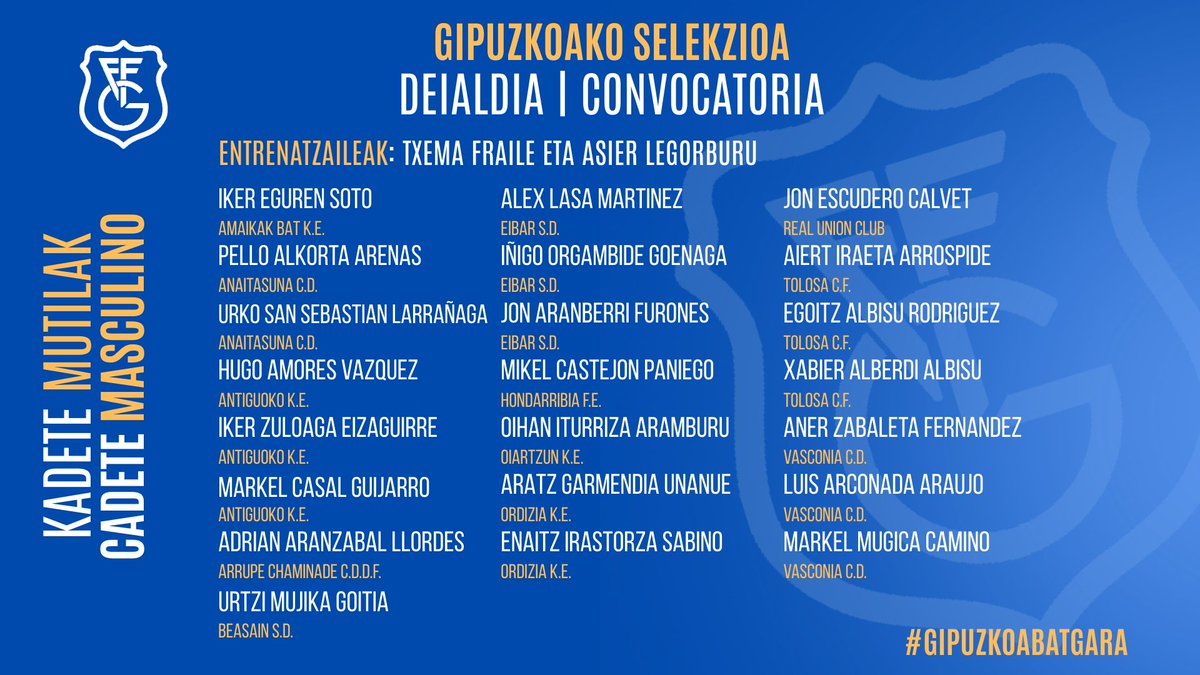 gipuzkoafutbola's tweet image. 🔵⚪️ 𝐊𝐀𝐃𝐄𝐓𝐄 𝐌𝐔𝐓𝐈𝐋𝐄𝐍 𝐆𝐈𝐏𝐔𝐙𝐊𝐎𝐀𝐊𝐎 𝐒𝐄𝐋𝐄𝐊𝐙𝐈𝐎𝐀

Hona hemen Txema Fraile eta Asier Legorburu hautatzaileek deitu dituzten jokalariak azaroaren 26an @kostkas_ke -ren aurka jokatuko duten partidarako.

🔗gipuzkoafutbola.eus/pnfg/NNws_ShwN…

#GipuzkoaBatGara