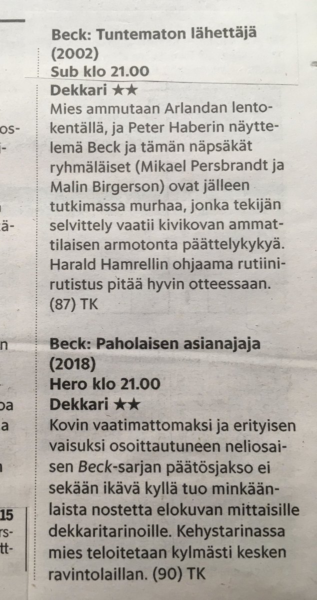 AriWahlsten's tweet image. Hesarissa peräkkäin kaksi eri Beck-elokuvien arviota. Toinen leffa kehutaan ja toinen haukutaan. Olen samaa mieltä elokuvien tasoerosta kuin kriitikko Timo Kuismin, mutta kuinka ihmeessä MOLEMMAT saavat yhtä paljon tähtiä⁉️ ⁦@hsfi⁩ #dekkari #kritiikki #Beck