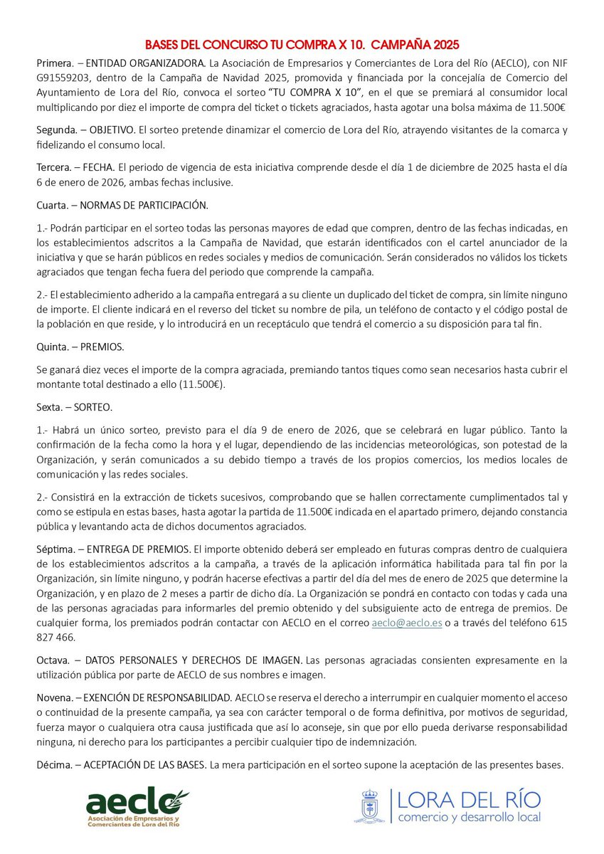 ℹ️ El <a href="/aytoloradelrio/">Ayto. Lora del Río</a> y <a href="/AECLO_Lora/">AECLO Lora del Río</a> presentan el enlace de inscripción de comerciantes para participar en la campaña comercial de Navidad 'Tu compra x 10', que se extenderá del 1 de diciembre al 6 de enero.
👉Plazo de inscripción del 21 al 28 de nov: ✅ forms.gle/PvBaDsWFc2t1sQ…