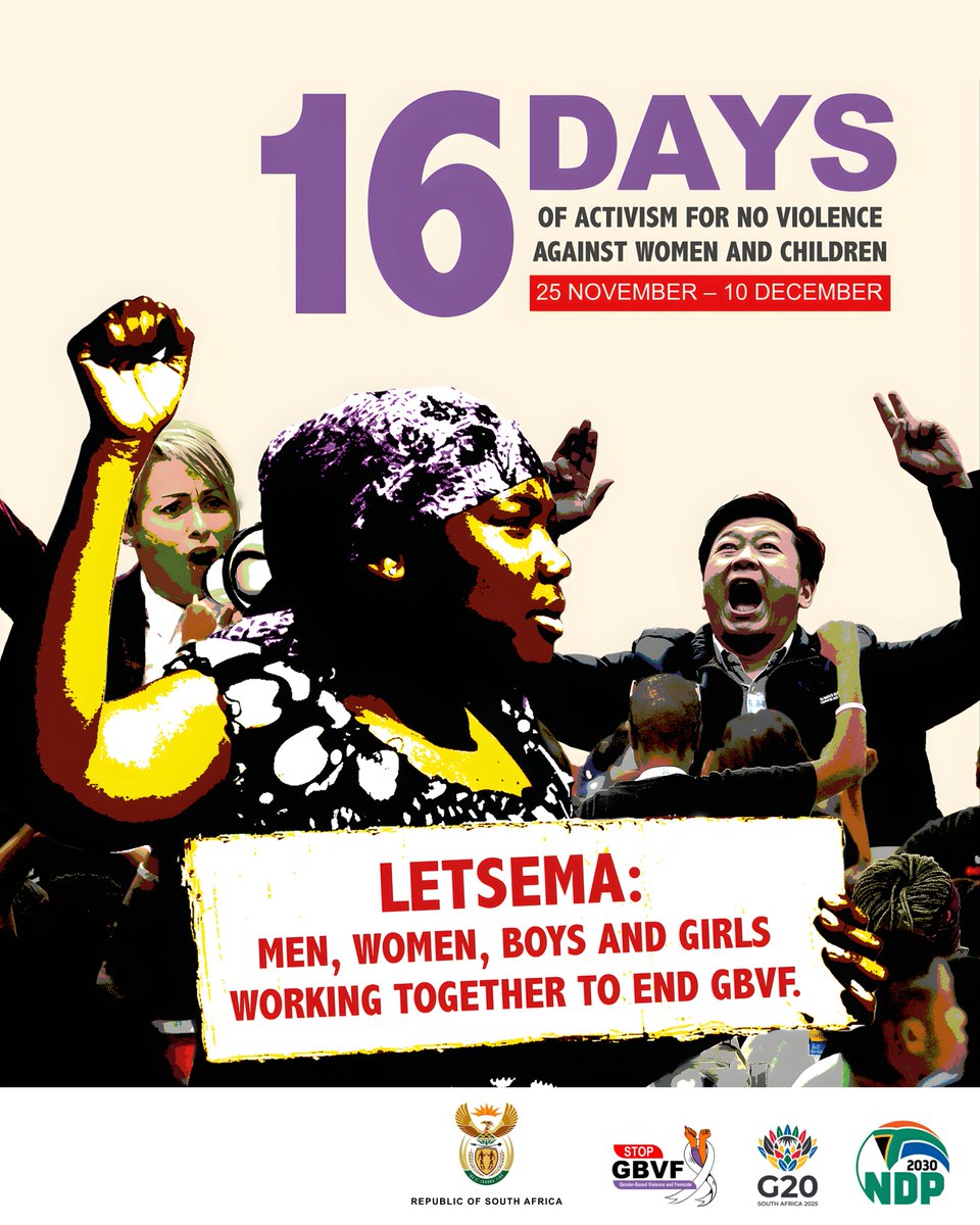 The 16 Days of Activism for No Violence against Women   and Children Campaign is set to take place on 25 November and 10 December 2025 under the theme: “Letsema: Men, Women, Boys and Girls working together to end Gender-Based Violence and Femicide.
#16DaysOfActivism
#Letsema