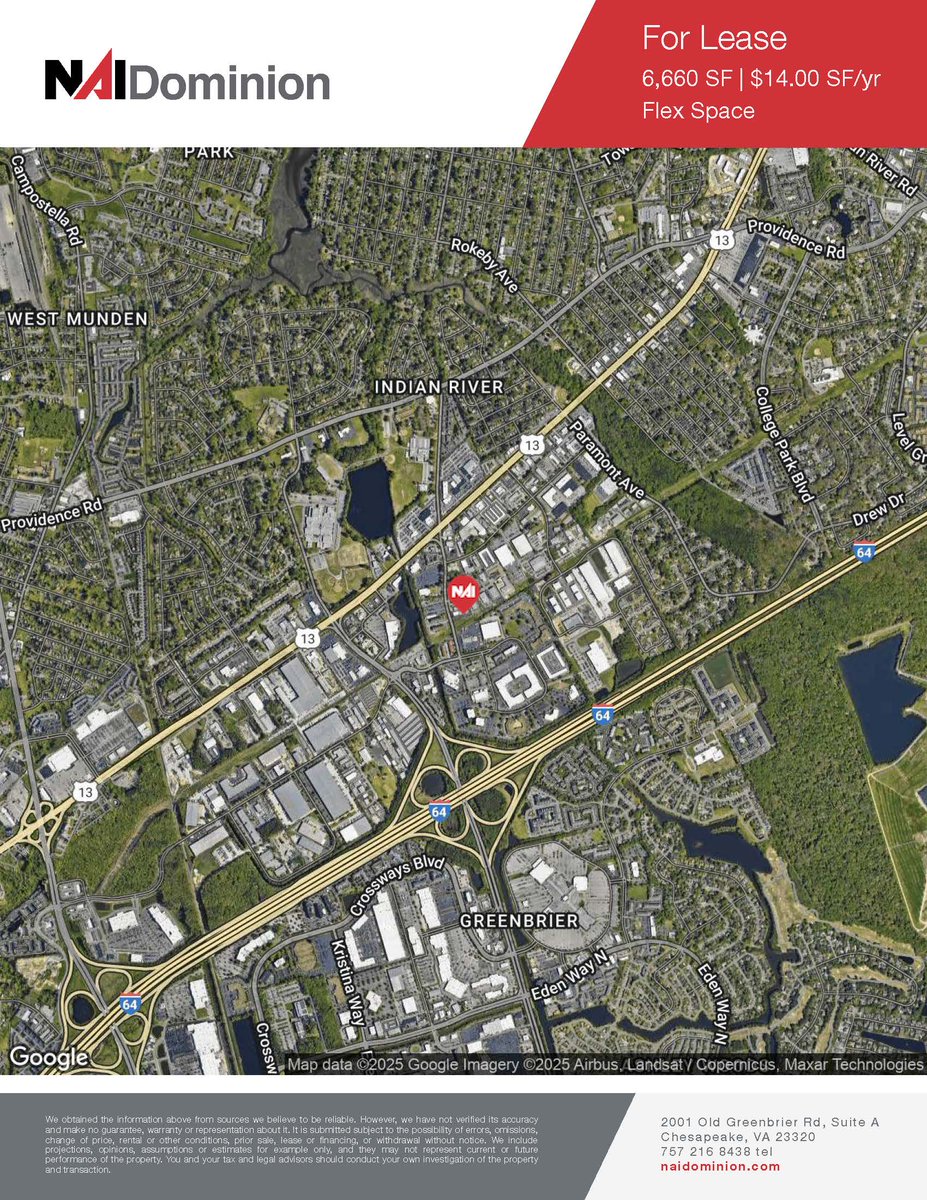 Greenbrier - Office/Flex - For Lease
6,660 SF office/flex space
1,250 SF office  space
1,750 SF warehouse &amp; 3,660 SF conditioned warehouse
Two grade level overhead doors
Fenced yard area
1 mile from Greenbrier exit to I-64