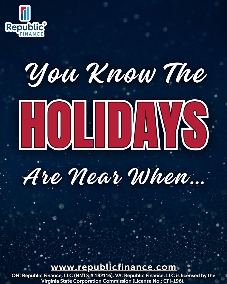 RepFinance's tweet image. Cinnamon in the air, crowds in the stores, and decorations all around — there’s no mistaking that festive feeling! See how a Holiday Loan from Republic Finance could help you enjoy every moment of the season without the financial stress.