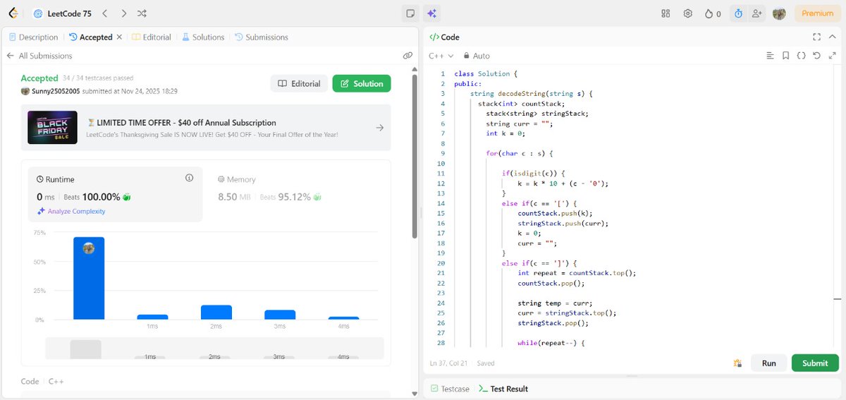 SunnyKumar51305's tweet image. 🔥 Problem of the Day:  Decode String 
Approach:  
Language: C++
Difficulty: Medium 
✅ Passed all testcases
#DSA #LeetCode75