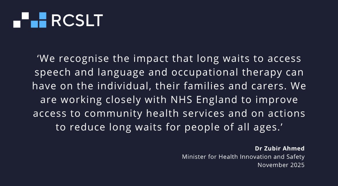 It’s not just us who are highlighting the impact of long waits. <a href="/DHSCgovuk/">Department of Health and Social Care</a> recognises the issue, as <a href="/zubirahmed/">Dr Zubir Ahmed MP</a> said earlier this month. That’s why we’re calling on <a href="/hmtreasury/">HM Treasury</a>'s <a href="/RachelReevesMP/">Rachel Reeves</a> to #InvestInSLT in the Budget and on the Govt to publish its SLT Action Plan.