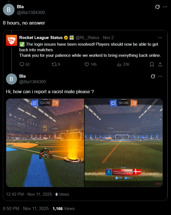 Bla1384300's tweet photo. @RocketLeague rocket league officially support racist players !!!!!!!!!!!! https://t.co/3IWwLCXnCW