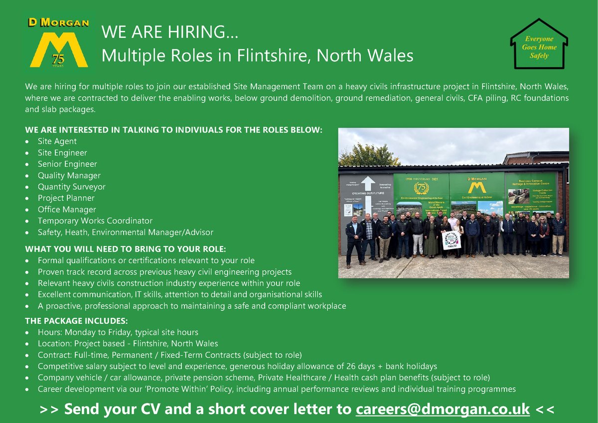 dmorganplc's tweet image. WE ARE HIRING!

Join D Morgan on a major heavy civils infrastructure project in Flintshire, North Wales. We’re looking for talented professionals to join our Site Management Team.

#ConstructionJobs #CivilEngineering #NorthWales #DMorganCareers