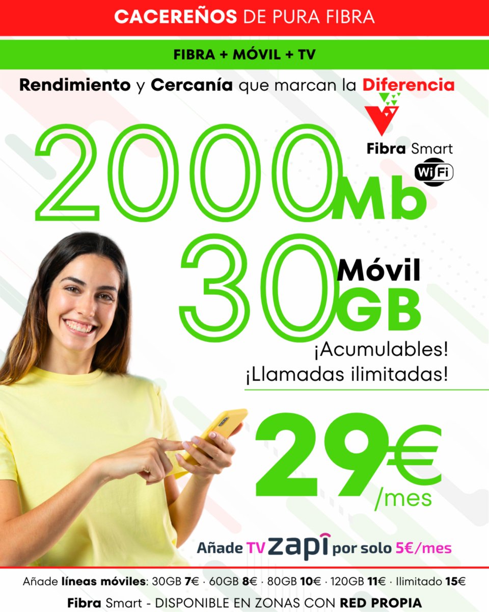 ¡Fibra y móvil al mejor precio!
2000Mb + 30GB acumulables + llamadas ilimitadas
📺 Añade Zapi por solo 5€/mes
👉 Todo por 29€/mes
#CacereñosDePuraFibra #ZapiTV #Teleporte #FibraSmart