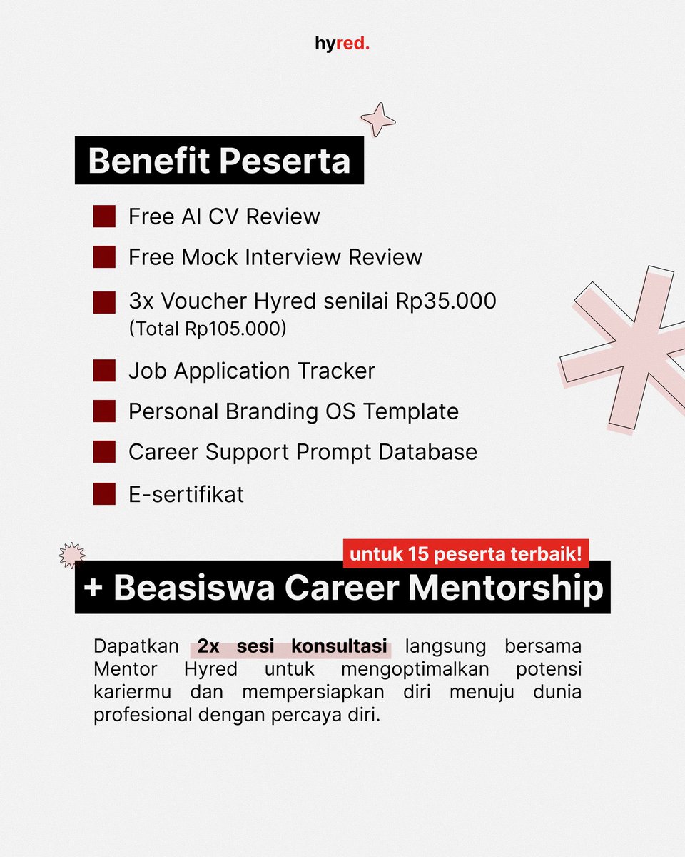 worksfess's tweet image. Dari mock interview, CV review, sampai career mentorship scholarship, semuanya bisa kamu dapetin di sini 👏

📝Pendaftaran 10 Nov – 27 Nov 2025
📅 Jadwal 28 - 13 Desember 2025
💻 Kelas Online
💰 GRATIS

Bonus spesial: 50 pendaftar pertama bakal dapet FREE CV Rewrite!🔥

Yuk,…