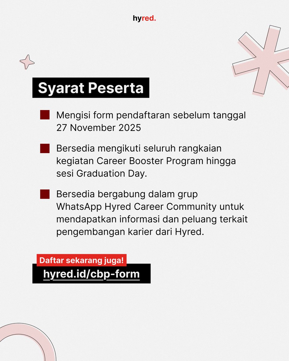 worksfess's tweet image. Dari mock interview, CV review, sampai career mentorship scholarship, semuanya bisa kamu dapetin di sini 👏

📝Pendaftaran 10 Nov – 27 Nov 2025
📅 Jadwal 28 - 13 Desember 2025
💻 Kelas Online
💰 GRATIS

Bonus spesial: 50 pendaftar pertama bakal dapet FREE CV Rewrite!🔥

Yuk,…