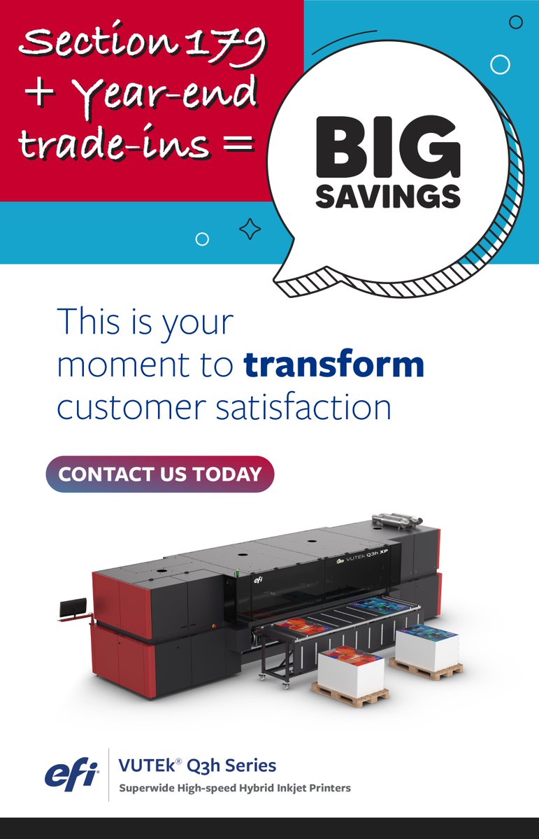 EFIPrint's tweet image. Unlock year-end savings with the EFI VUTEk Q3h series.
Hybrid flexibility. Up to 1200 dpi. LED efficiency. Production-ready speeds.
Trade in and leverage Section 179 before year-end.

📞 Call +1 855-334-4457 or email info@efi.com for details. 

#EFI #VUTEkQ3h #WideFormatPrinting