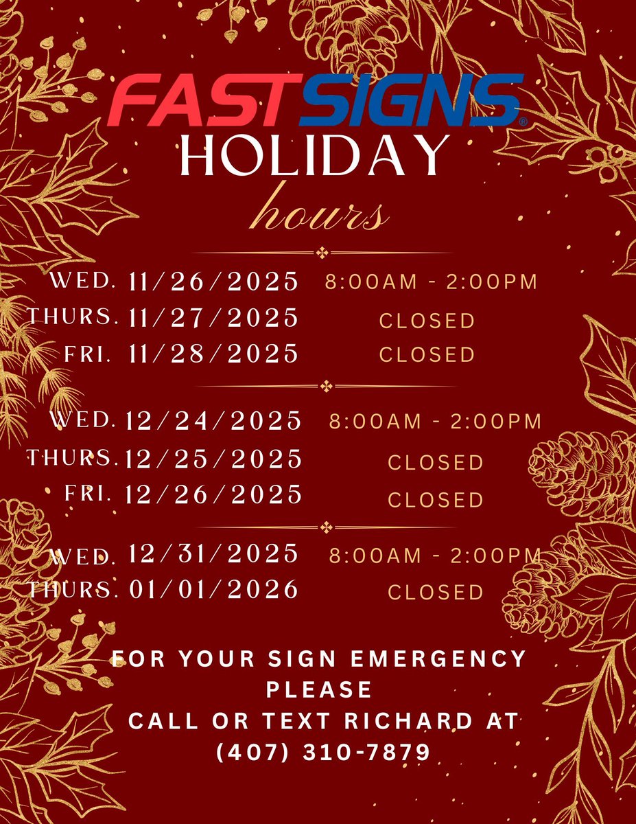 FastsignsOrland's tweet image. Please make note of our holiday hours as there are some differences from our regular hours.  We are excited to help you with any of your signage needs as we enter this holiday season! 🍂

#FASTSIGNSOrlandoCentral #happyholidays #makeyourstatement