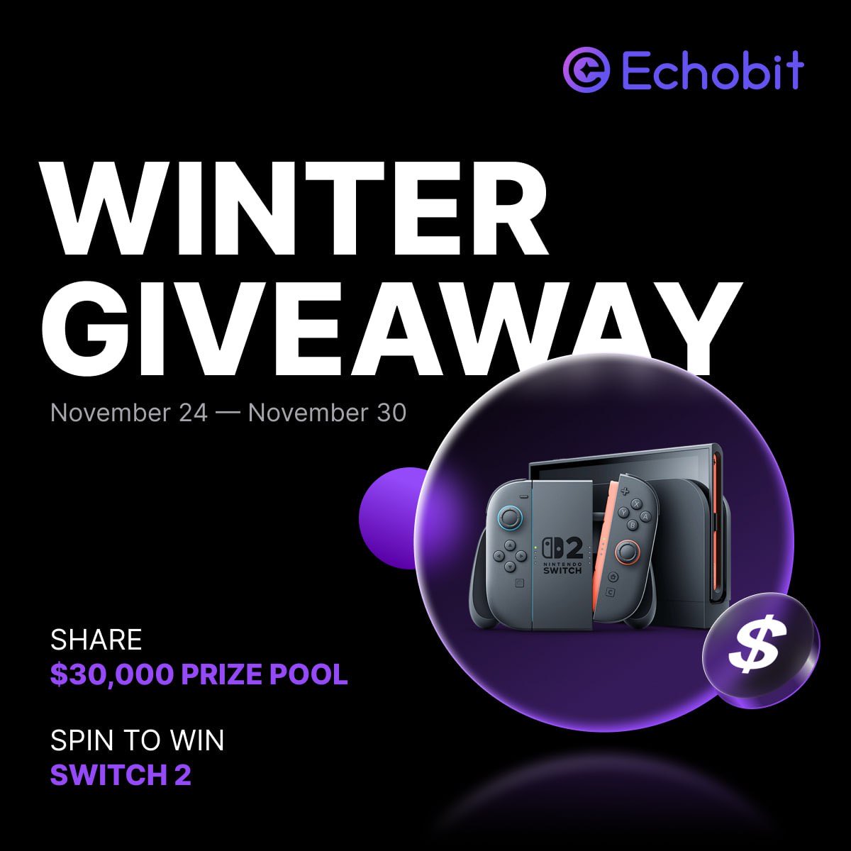 EchobitExchange's tweet image. Winter Giveaway | Share a $30,000 Prize Pool · Spin to Win a Switch 2

🕛 Event Period: Nov 24 — Nov 30

🎄 Event 1: Share &amp;amp; Earn
Share the event page → Instantly get 20 USDT Bonus!

🎁 Event 2: Lucky Grand Draw
Complete tasks → Earn draw chances
🎮 Top Prize: Switch 2

🚀 Join…