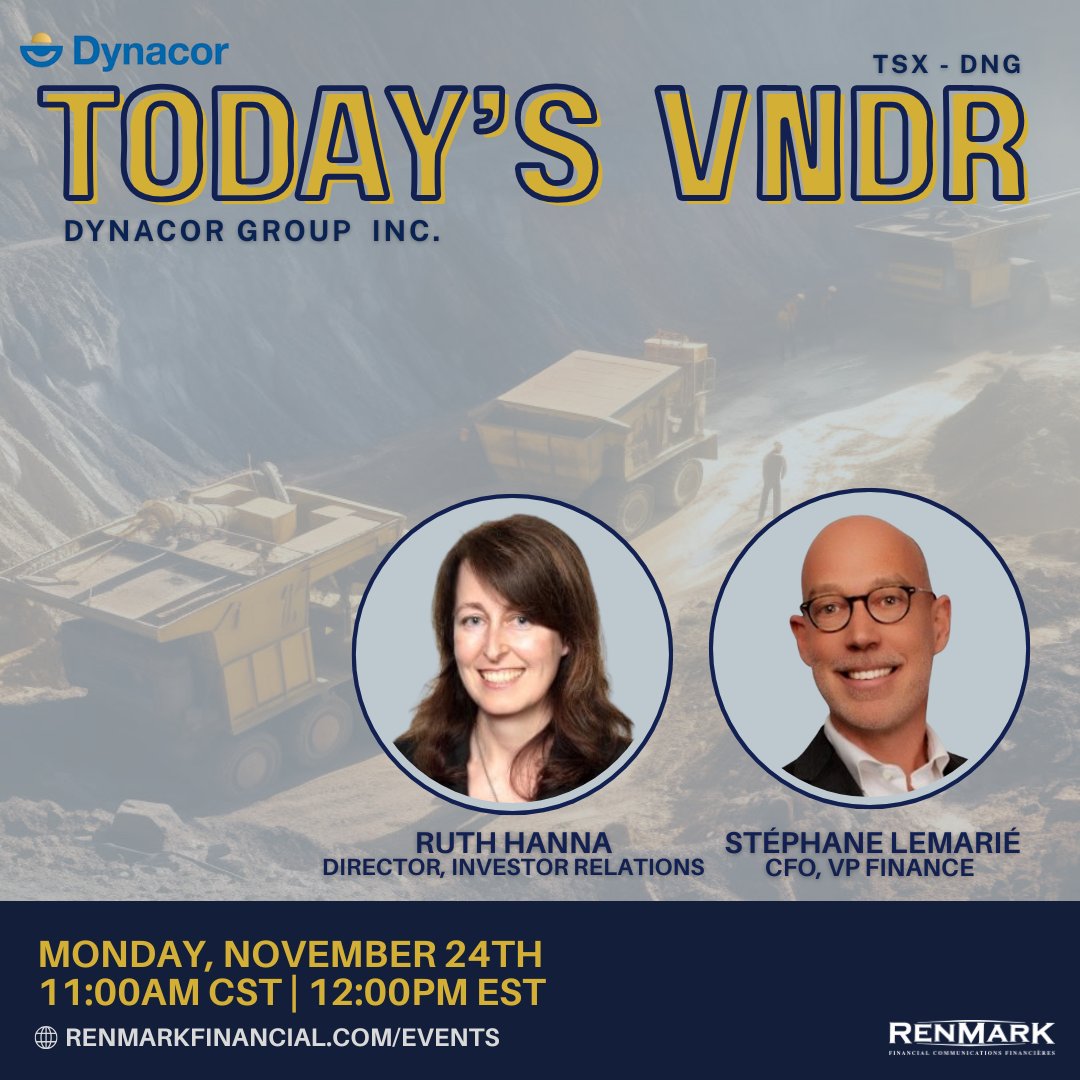 💰 <a href="/DynacorGold/">Dynacor Group Inc: TSX - DNG</a> blends profitability and purpose — producing gold responsibly while empowering local mining communities.

📅 Nov 24 | 🕚 11AM CST / 12PM EST
🔗 ow.ly/83rl50Xq8r8

#Dynacor #Gold #Mining #Sustainability #RenmarkVNDR